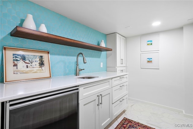 4103 Beechmont Rd, Richmond, VA 23235 - kitchen with open shelves, beverage cooler, a sink, white cabinets, and recessed lighting