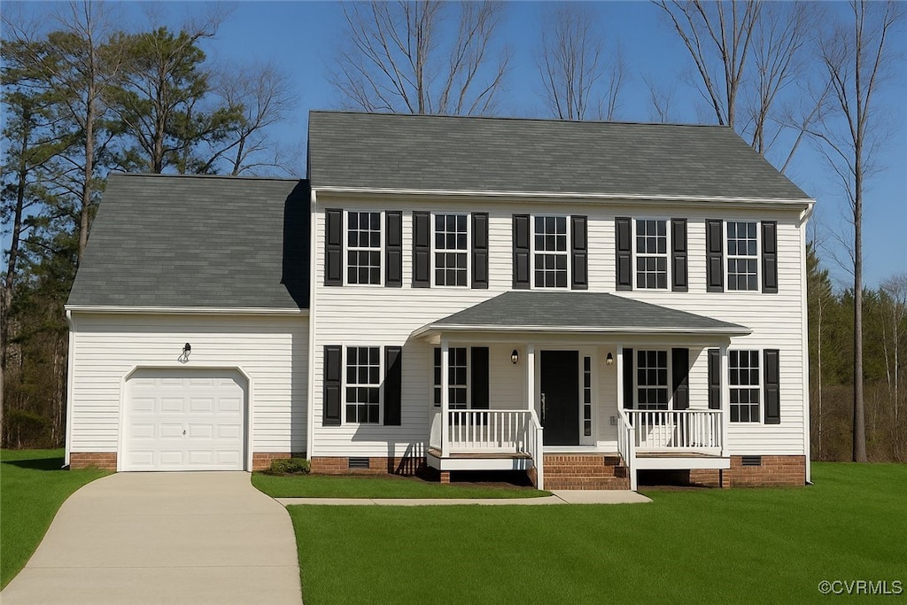 3004 Ruddy Duck Ct, Henrico, VA 23231 - colonial-style house featuring crawl space, a porch, an attached garage, concrete driveway, and a front yard