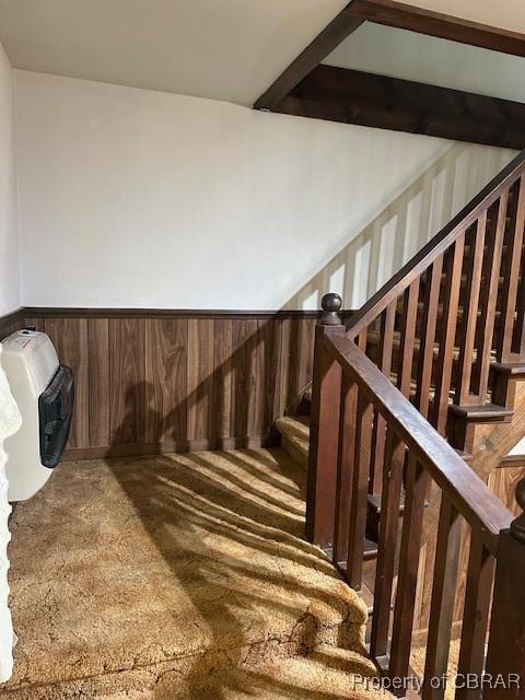733 Holland Point Rd, Dutton, VA 23050 - stairs with carpet flooring and a wainscoted wall