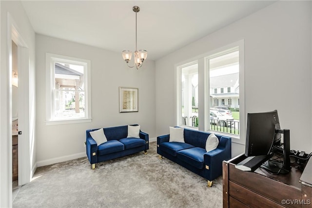 4507 Summer Camp Ct, Moseley, VA 23120 - carpeted living area featuring a chandelier, baseboards, and a desk