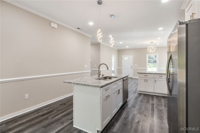 11816 Shady Ln, Chesterfield, VA 23831 - kitchen featuring appliances with stainless steel finishes, a sink, a center island with sink, dark wood-style flooring, and white cabinets