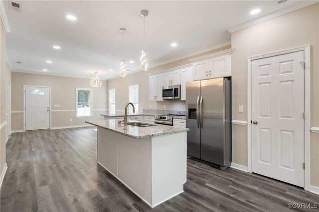 11816 Shady Ln, Chesterfield, VA 23831 - kitchen featuring appliances with stainless steel finishes, a sink, ornamental molding, white cabinetry, and baseboards