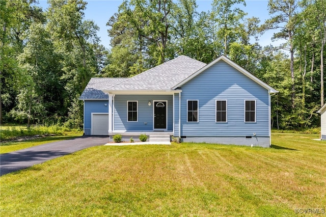 11816 Shady Ln, Chesterfield, VA 23831 - view of front of home featuring asphalt driveway, a garage, a front lawn, a shingled roof, and a porch