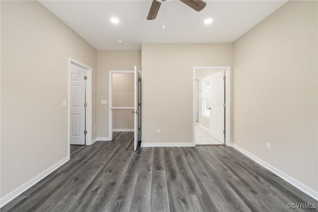 11816 Shady Ln, Chesterfield, VA 23831 - unfurnished bedroom featuring dark wood-type flooring, baseboards, recessed lighting, ensuite bath, and a ceiling fan