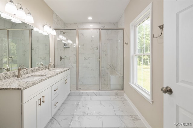 11816 Shady Ln, Chesterfield, VA 23831 - bathroom with marble look tiles, healthy amount of natural light, double vanity, a shower stall, and recessed lighting