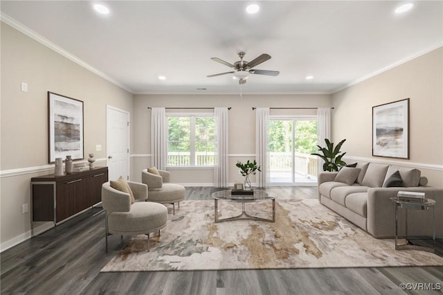11816 Shady Ln, Chesterfield, VA 23831 - living room with wood finished floors, a ceiling fan, plenty of natural light, recessed lighting, and crown molding