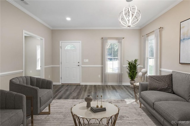 11816 Shady Ln, Chesterfield, VA 23831 - living room featuring a chandelier, wood finished floors, ornamental molding, baseboards, and recessed lighting