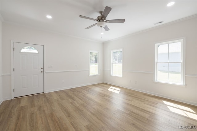 11800 Shady Ln, Chesterfield, VA 23831 - foyer featuring ornamental molding, light wood finished floors, a ceiling fan, recessed lighting, and baseboards