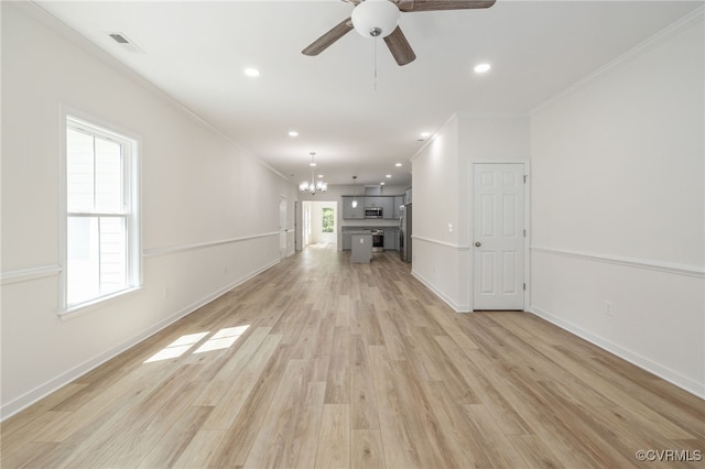 11800 Shady Ln, Chesterfield, VA 23831 - unfurnished living room with a chandelier, ornamental molding, a ceiling fan, light wood finished floors, and recessed lighting