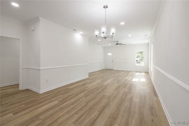 11800 Shady Ln, Chesterfield, VA 23831 - spare room featuring a chandelier, ornamental molding, recessed lighting, light wood-style floors, and a ceiling fan