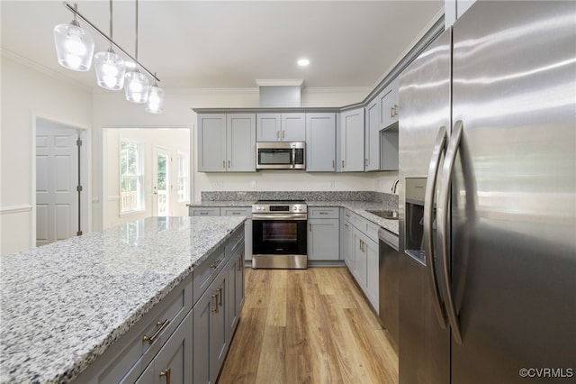 11800 Shady Ln, Chesterfield, VA 23831 - kitchen featuring stainless steel appliances, gray cabinets, ornamental molding, light stone counters, and recessed lighting