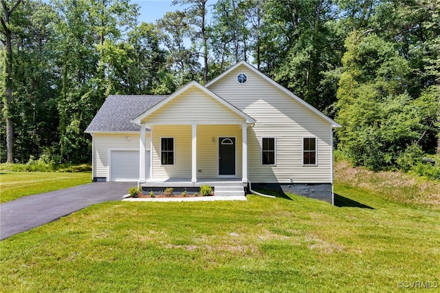 11800 Shady Ln, Chesterfield, VA 23831 - view of front of home with covered porch, asphalt driveway, a garage, a front yard, and crawl space