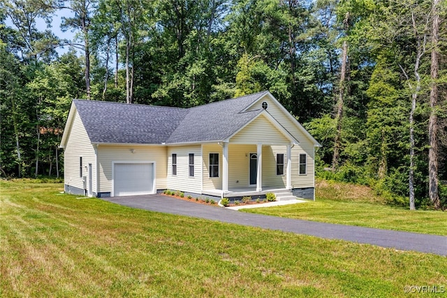 11800 Shady Ln, Chesterfield, VA 23831 - view of front facade with a porch, a garage, asphalt driveway, a front lawn, and roof with shingles