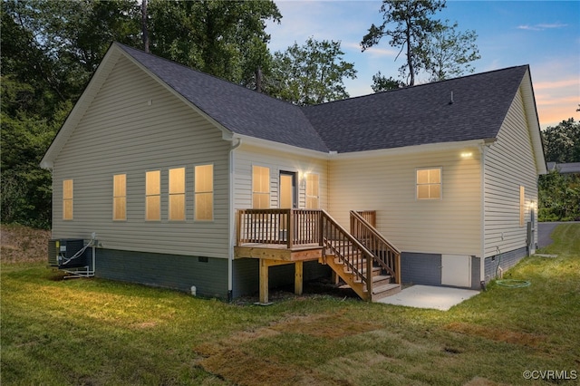11800 Shady Ln, Chesterfield, VA 23831 - back of house with crawl space, a lawn, central AC, and roof with shingles