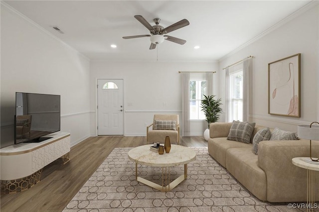 11800 Shady Ln, Chesterfield, VA 23831 - living area featuring wood finished floors, crown molding, a ceiling fan, recessed lighting, and baseboards
