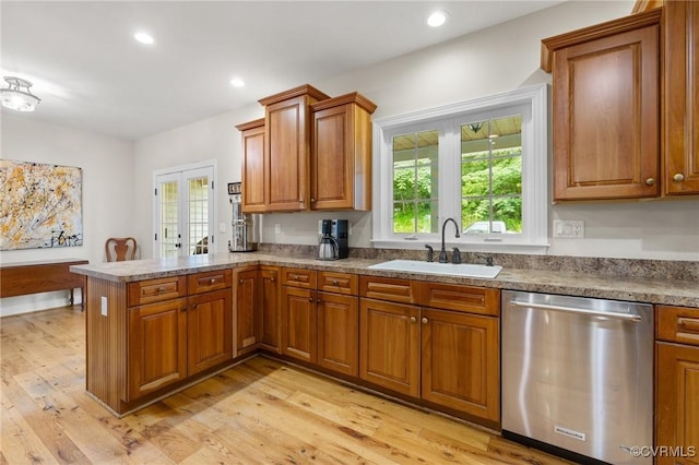 11021 Grub Hill Church Rd, Amelia Courthouse, VA 23002 - kitchen featuring dishwasher, brown cabinets, a peninsula, light wood-style flooring, and recessed lighting