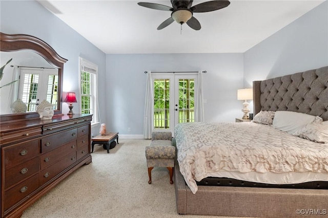 11021 Grub Hill Church Rd, Amelia Courthouse, VA 23002 - bedroom with light colored carpet, access to outside, french doors, and a ceiling fan