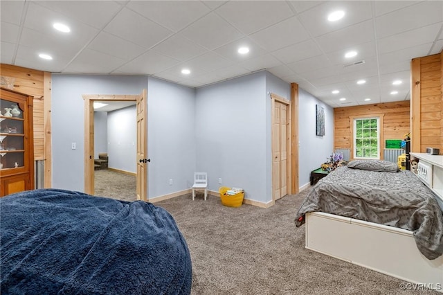 11021 Grub Hill Church Rd, Amelia Courthouse, VA 23002 - carpeted bedroom with a paneled ceiling, recessed lighting, and wooden walls