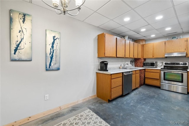 11021 Grub Hill Church Rd, Amelia Courthouse, VA 23002 - kitchen with appliances with stainless steel finishes, under cabinet range hood, light countertops, recessed lighting, and concrete flooring