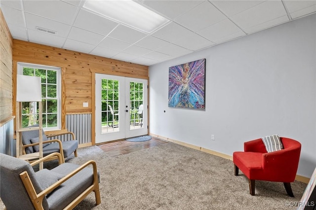 11021 Grub Hill Church Rd, Amelia Courthouse, VA 23002 - sitting room featuring carpet, french doors, wooden walls, and a paneled ceiling