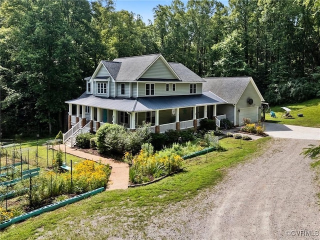11021 Grub Hill Church Rd, Amelia Courthouse, VA 23002 - farmhouse inspired home with dirt driveway, a porch, a shingled roof, and a garage