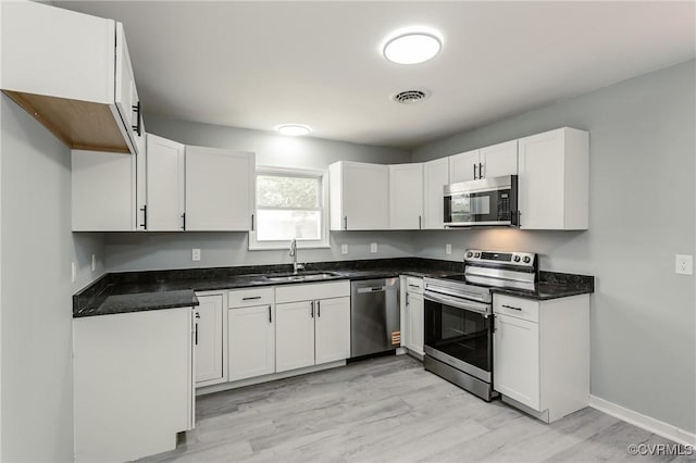 2533 Merle St, Henrico, VA 23231 - kitchen with appliances with stainless steel finishes, a sink, light wood-style flooring, dark countertops, and white cabinets