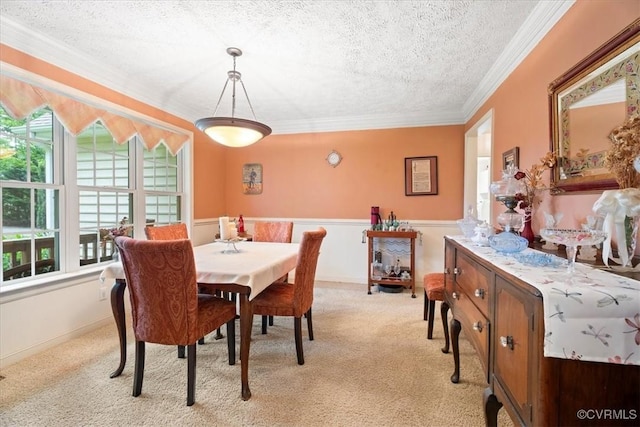 2024 Judes Ferry Rd, Powhatan, VA 23139 - carpeted dining space featuring a textured ceiling, crown molding, and wainscoting