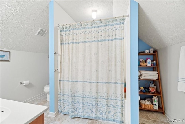 2024 Judes Ferry Rd, Powhatan, VA 23139 - bathroom featuring a textured ceiling, vaulted ceiling, vanity, baseboards, and toilet