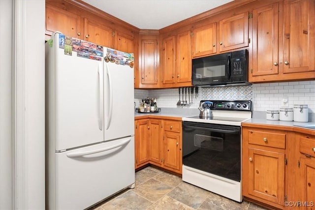 2024 Judes Ferry Rd, Powhatan, VA 23139 - kitchen with freestanding refrigerator, electric range oven, black microwave, light countertops, and backsplash