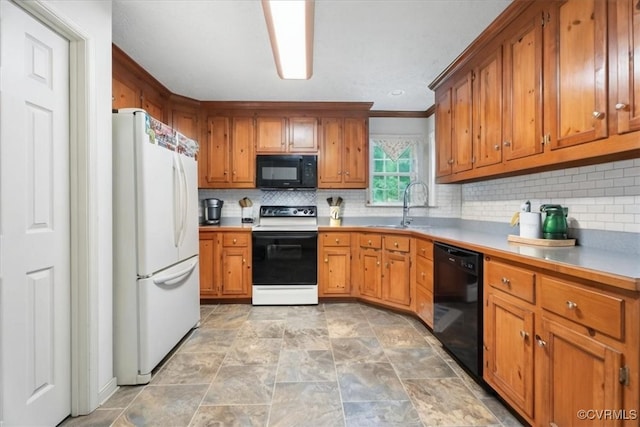 2024 Judes Ferry Rd, Powhatan, VA 23139 - kitchen with black appliances, brown cabinets, ornamental molding, decorative backsplash, and light countertops