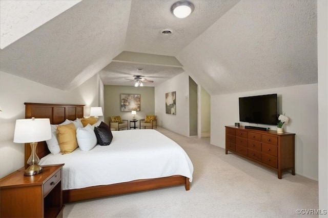 2024 Judes Ferry Rd, Powhatan, VA 23139 - bedroom featuring lofted ceiling, a textured ceiling, light colored carpet, and a ceiling fan