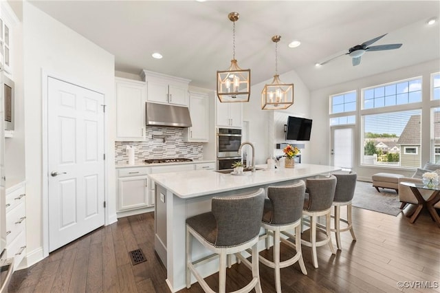 4025 Carrie Mill Xing, Glen Allen, VA 23059 - kitchen with under cabinet range hood, appliances with stainless steel finishes, light countertops, white cabinetry, and dark wood finished floors