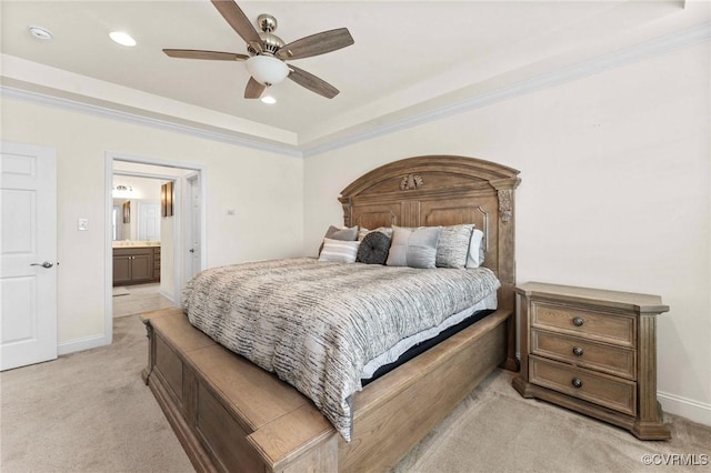 4025 Carrie Mill Xing, Glen Allen, VA 23059 - bedroom with light carpet, ornamental molding, ceiling fan, recessed lighting, and ensuite bath