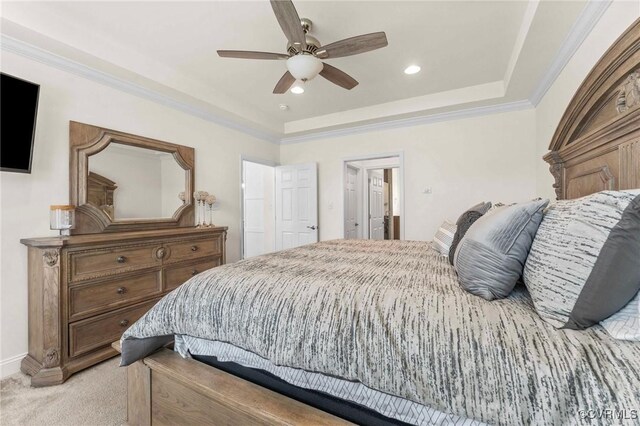 4025 Carrie Mill Xing, Glen Allen, VA 23059 - bedroom featuring light carpet, a tray ceiling, crown molding, a ceiling fan, and recessed lighting