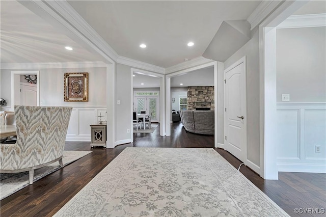 5217 Aldenbrook Way, Henrico, VA 23059 - corridor featuring a decorative wall, dark wood-style floors, crown molding, a wainscoted wall, and recessed lighting