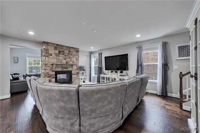 5217 Aldenbrook Way, Henrico, VA 23059 - living room with a fireplace, baseboards, dark wood-type flooring, and recessed lighting