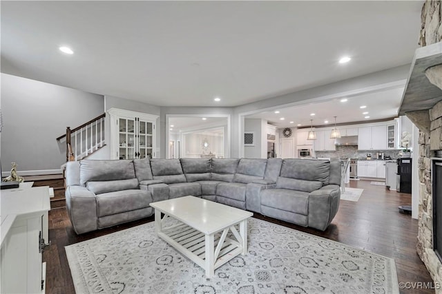 5217 Aldenbrook Way, Henrico, VA 23059 - living area with dark wood-style flooring, recessed lighting, and stairway