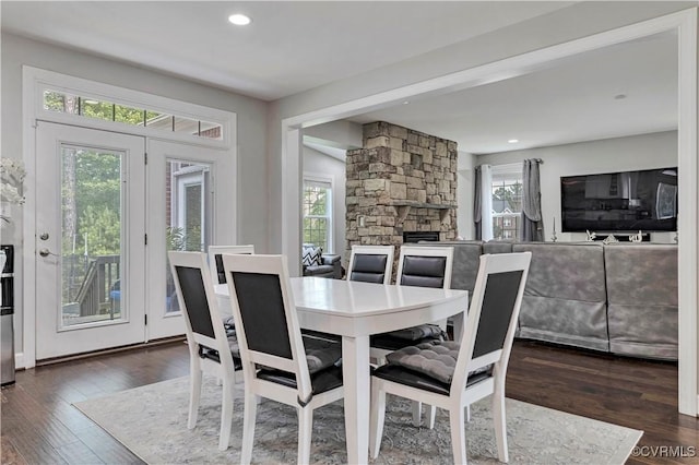 5217 Aldenbrook Way, Henrico, VA 23059 - dining space with dark wood-type flooring, a fireplace, and recessed lighting