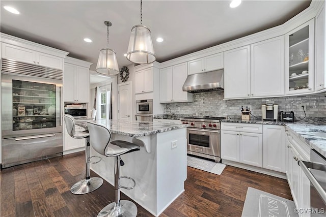 5217 Aldenbrook Way, Henrico, VA 23059 - kitchen featuring high quality appliances, under cabinet range hood, white cabinets, and recessed lighting