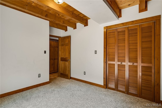 4285 Hadensville Farm Rd, Goochland, VA 23117 - unfurnished bedroom featuring carpet floors, a wooden ceiling with exposed beams, and a closet