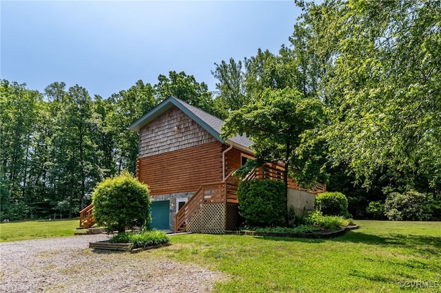 4285 Hadensville Farm Rd, Goochland, VA 23117 - view of side of property featuring stairs, a lawn, and a wooden deck