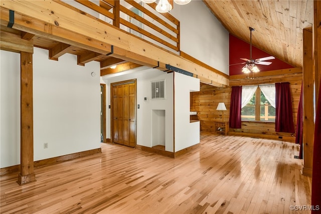4285 Hadensville Farm Rd, Goochland, VA 23117 - unfurnished living room with hardwood / wood-style floors, wood ceiling, high vaulted ceiling, ceiling fan, and wood walls
