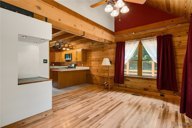 4285 Hadensville Farm Rd, Goochland, VA 23117 - kitchen with stainless steel appliances, brown cabinets, ceiling fan, light wood-type flooring, and a peninsula