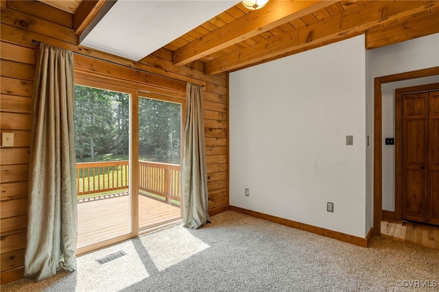 4285 Hadensville Farm Rd, Goochland, VA 23117 - doorway with carpet floors, wood walls, and a wooden ceiling with exposed beams