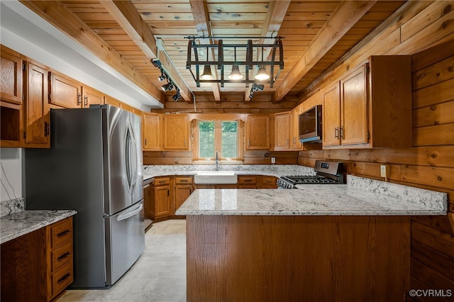4285 Hadensville Farm Rd, Goochland, VA 23117 - kitchen featuring stainless steel appliances, a wood ceiling with exposed beams, a peninsula, light stone counters, and brown cabinetry