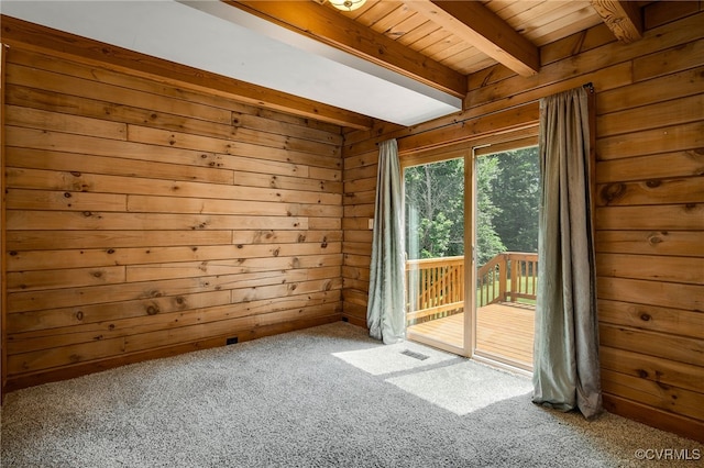 4285 Hadensville Farm Rd, Goochland, VA 23117 - carpeted spare room with wooden walls and a wooden ceiling with exposed beams