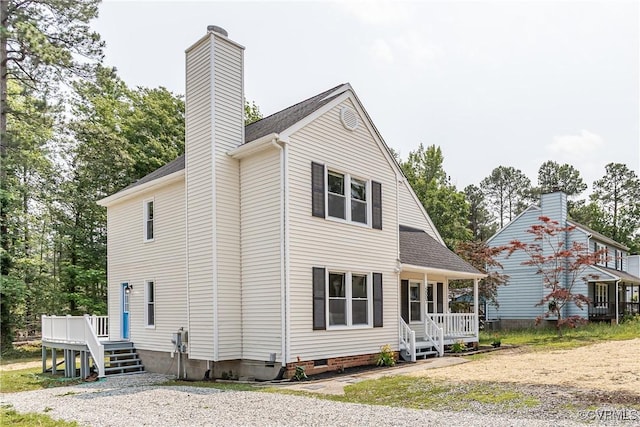 5007 Gention Rd, Chesterfield, VA 23832 - view of front of house with a chimney, crawl space, roof with shingles, and a deck