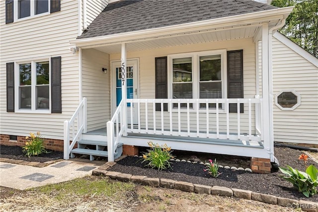 5007 Gention Rd, Chesterfield, VA 23832 - view of exterior entry with roof with shingles, covered porch, and crawl space