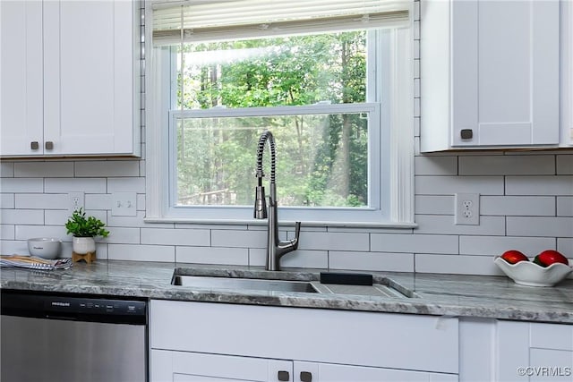 5007 Gention Rd, Chesterfield, VA 23832 - kitchen with dishwasher, white cabinetry, decorative backsplash, a sink, and stone counters