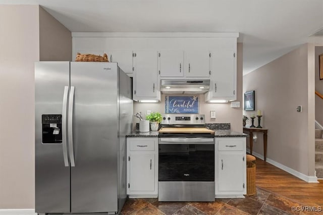 7503 Native Dancer Dr, Midlothian, VA 23112 - kitchen with stainless steel appliances, extractor fan, and white cabinets